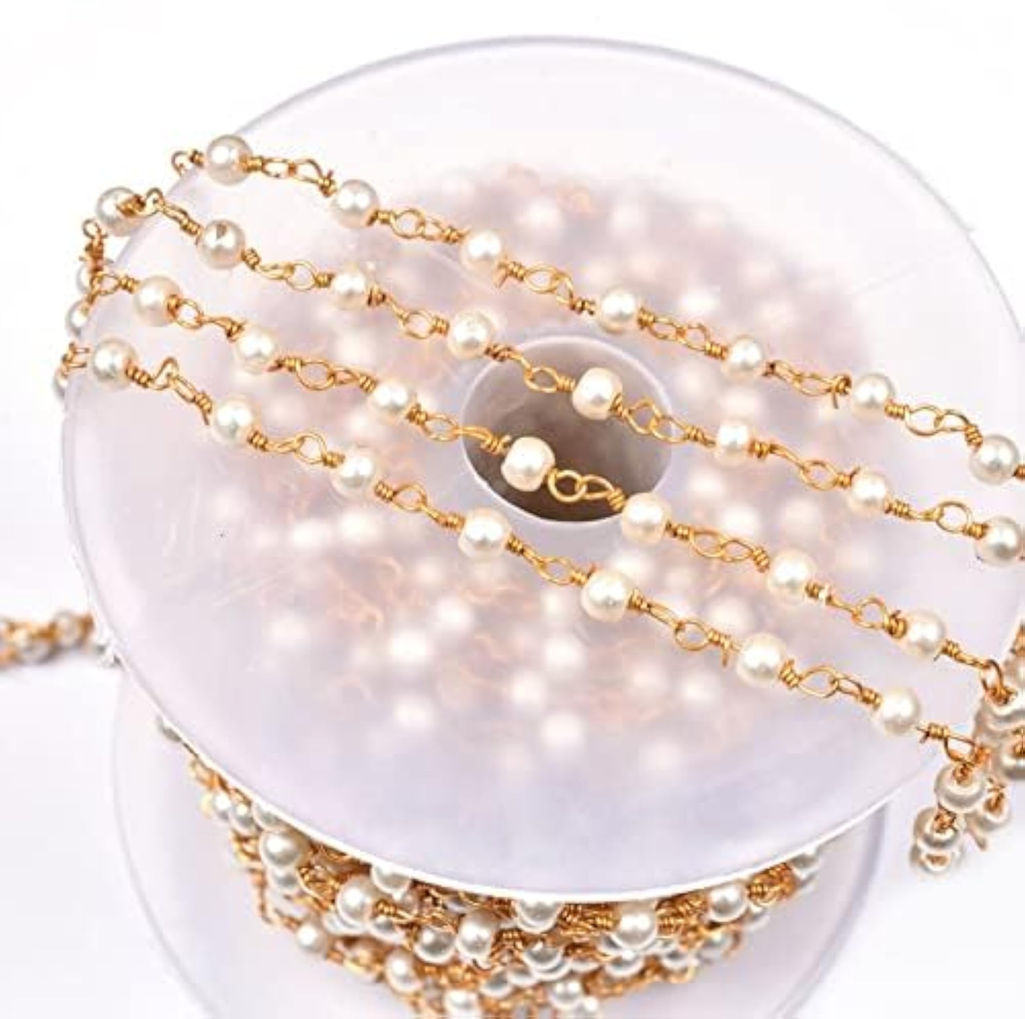 Golden Plated Acrylic Pearl Beads Chain, 5 Mtrs